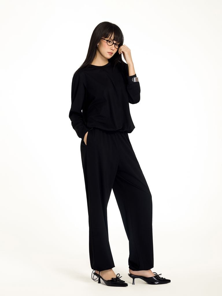 Bộ WINNY mặc nhà rayon spandex quần dài tay dài màu đen 1MNRA25003D