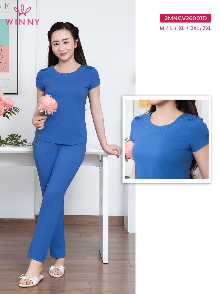 Bộ WONNER by WINNY mặc nhà cotton CVC quần dài tay ngắn màu xanh dương 2MNCV26001D