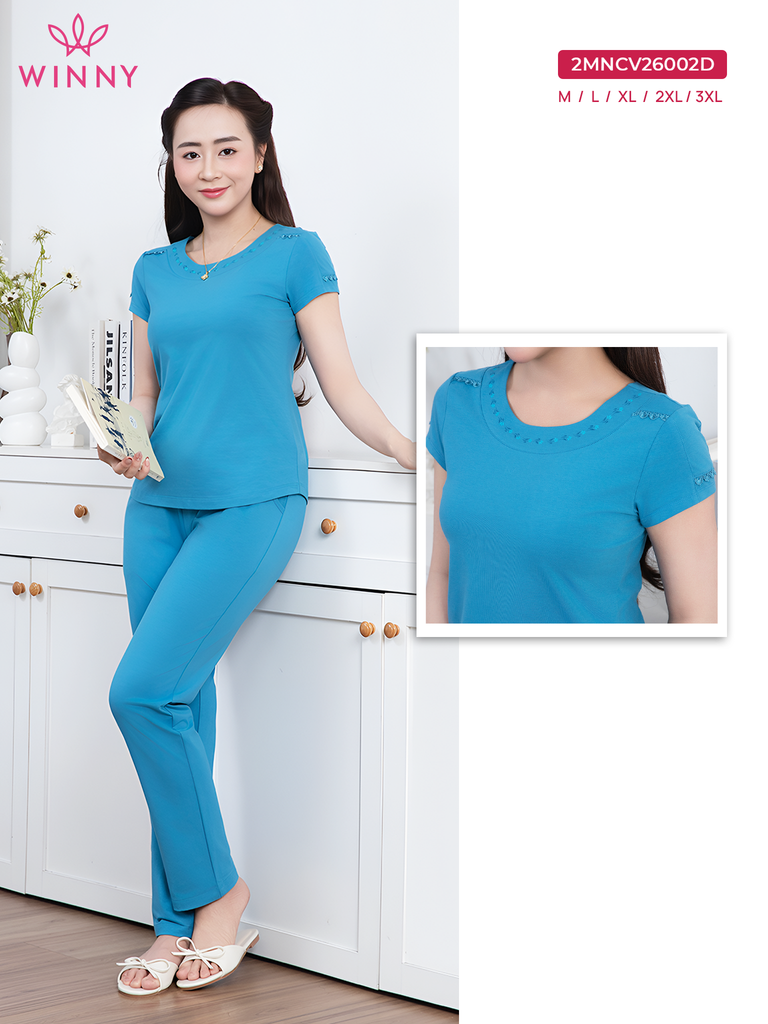 Bộ WONNER by WINNY mặc nhà cotton CVC quần dài tay ngắn màu xanh da trời 2MNCV26002D