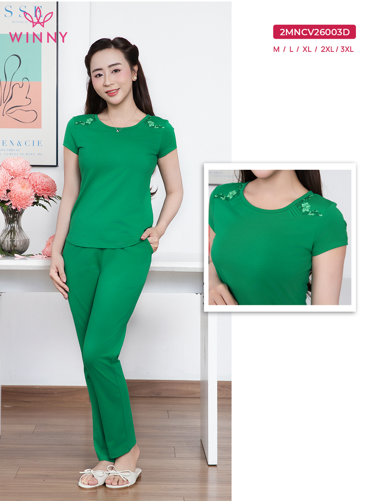 Bộ WONNER by WINNY mặc nhà cotton CVC quần dài tay ngắn màu xanh lá cây 2MNCV26003D