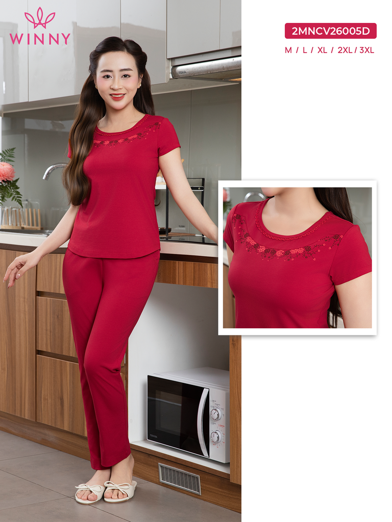 Bộ WONNER by WINNY mặc nhà cotton CVC quần dài tay ngắn màu đỏ 2MNCV26005D