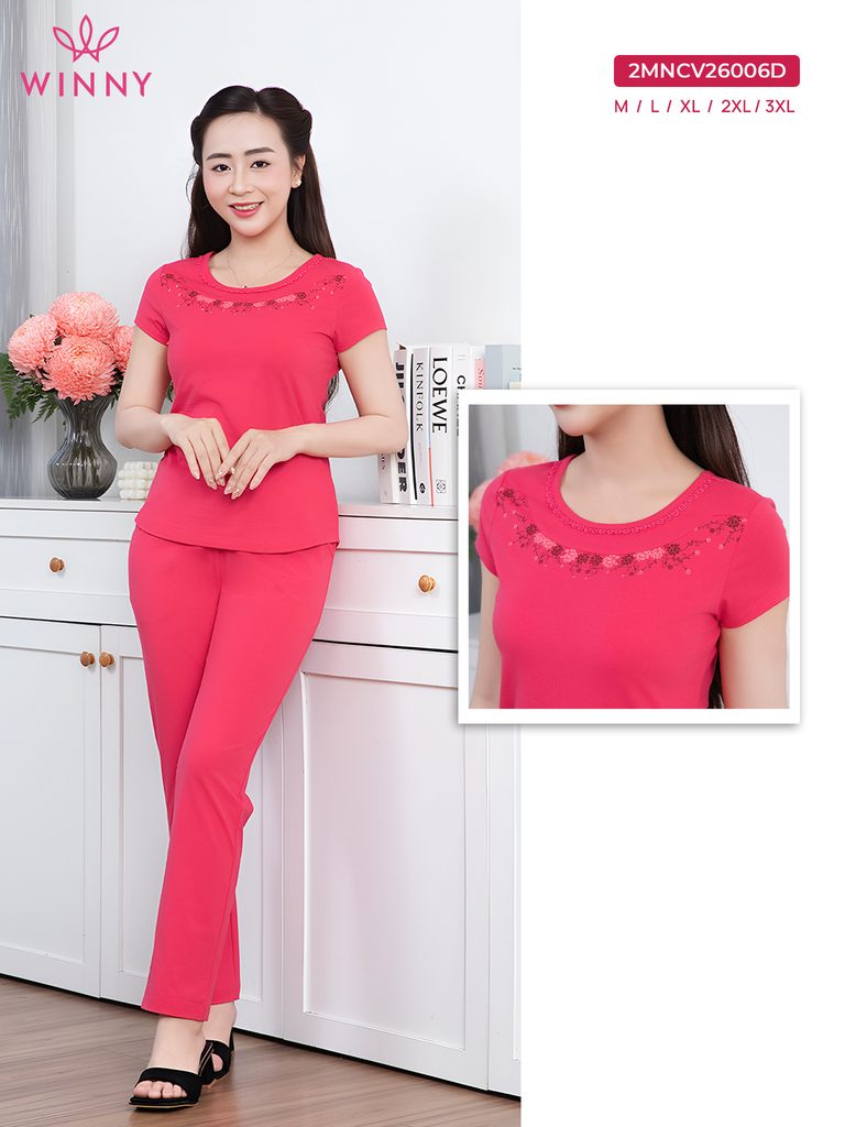 Bộ WONNER by WINNY mặc nhà cotton CVC quần dài tay ngắn màu hồng  2MNCV26006D