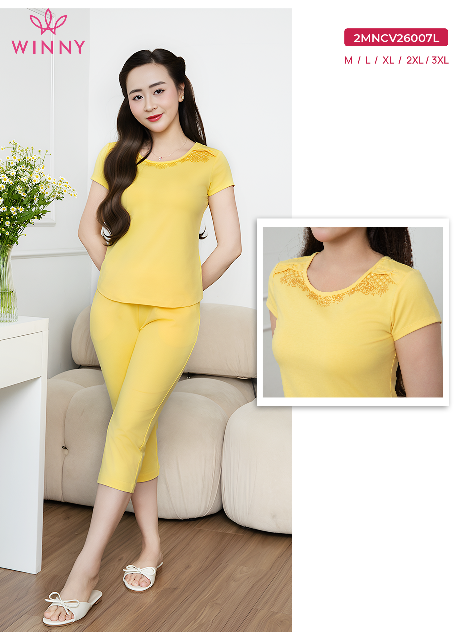 Bộ WONNER by WINNY mặc nhà cotton CVC quần lửng tay ngắn màu vàng 2MNCV26007L