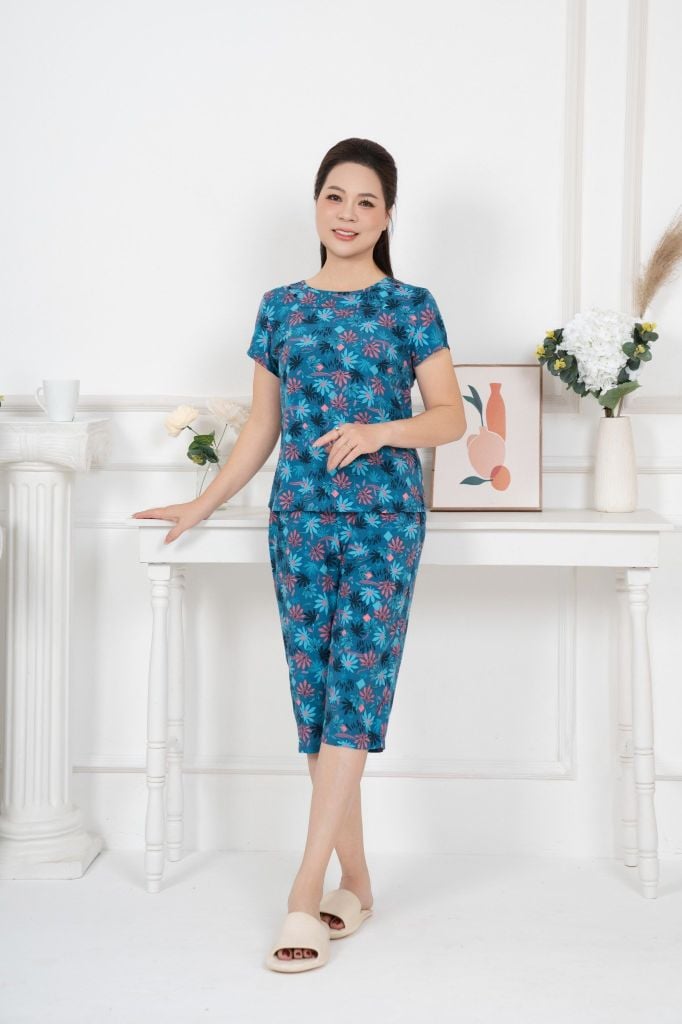 Bộ đồ mặc nhà trung niên Lanh quần lửng tay ngắn  -  2MNLA25020N