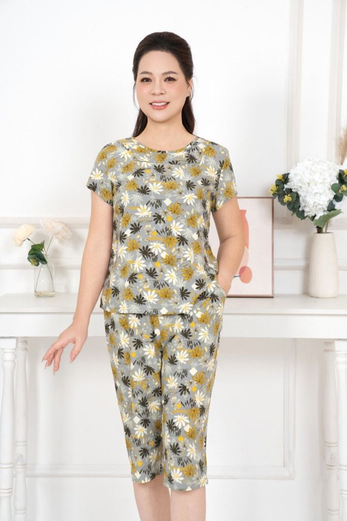 Bộ đồ mặc nhà trung niên Lanh quần lửng tay ngắn  -  2MNLA25020N