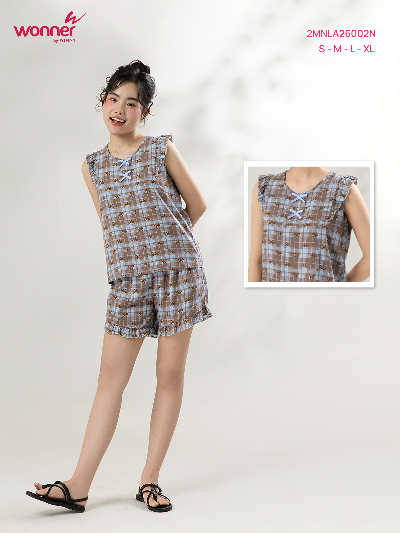 Bộ WONNER by WINNY mặc nhà tole lanh quần ngắn không tay màu kẻ caro nâu 2MNLA26002N
