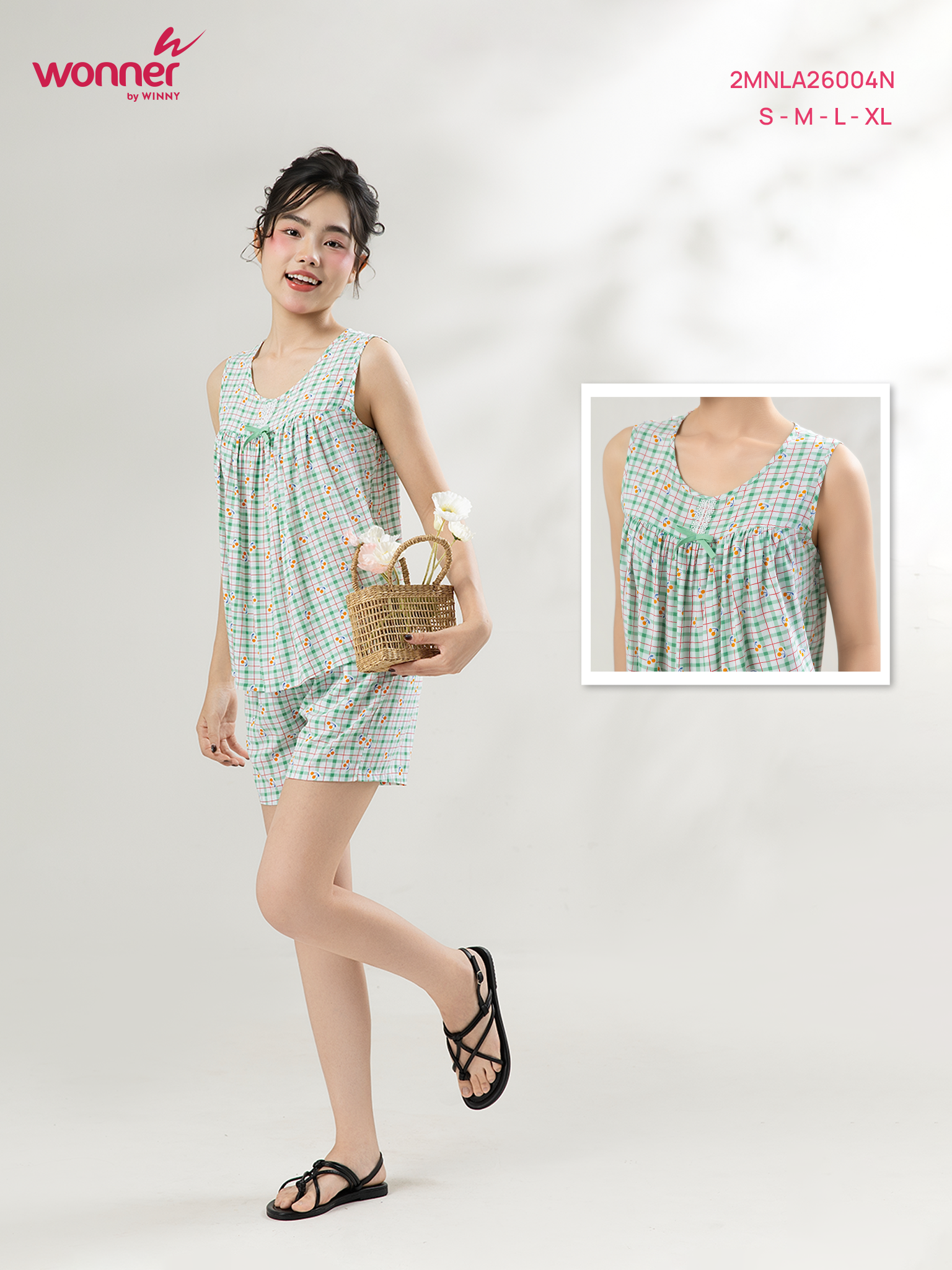 Bộ WONNER by WINNY mặc nhà tole lanh quần ngắn không tay màu kẻ caro xanh lá 2MNLA26004N