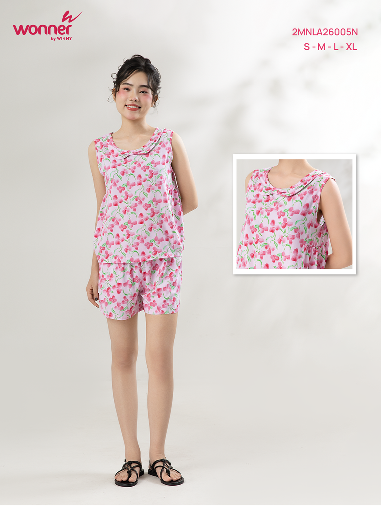 Bộ WONNER by WINNY mặc nhà tole lanh quần ngắn không tay màu hoa nhí hồng 2MNLA26005N