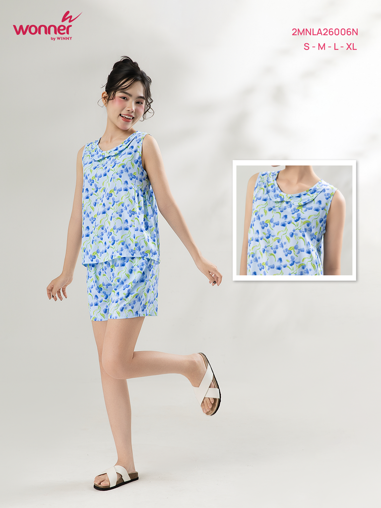 Bộ WONNER by WINNY mặc nhà tole lanh quần ngắn không tay màu hoa nhí xanh dương nhạt 2MNLA26006N