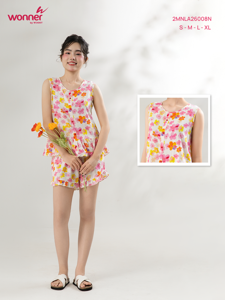 Bộ WONNER by WINNY mặc nhà tole lanh quần ngắn không tay màu hoa to hồng 2MNLA26008N