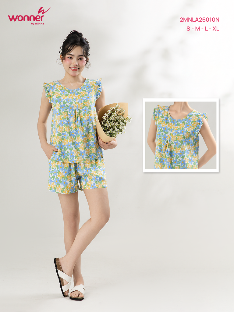 Bộ WONNER by WINNY mặc nhà tole lanh quần ngắn không tay màu hoa to xanh dương 2MNLA26010N