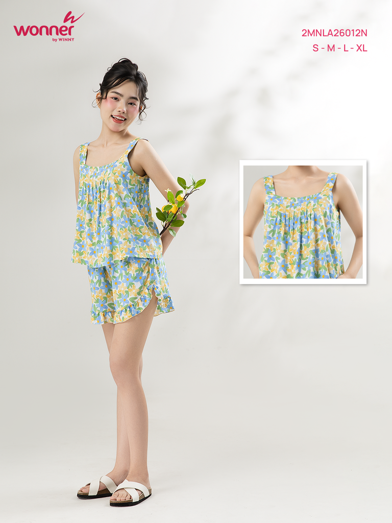 Bộ WONNER by WINNY mặc nhà tole lanh quần ngắn không tay màu hoa to xanh dương 2MNLA26012N