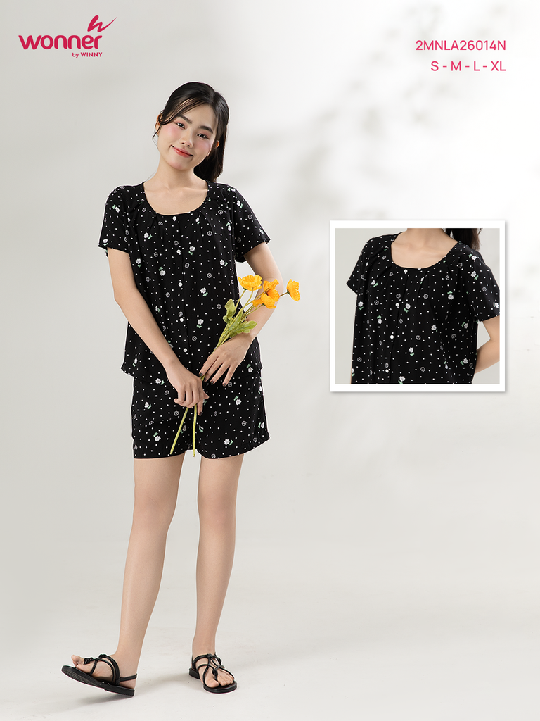 Bộ WONNER by WINNY mặc nhà tole lanh quần ngắn tay ngắn màu chấm bi đen 2MNLA26014N