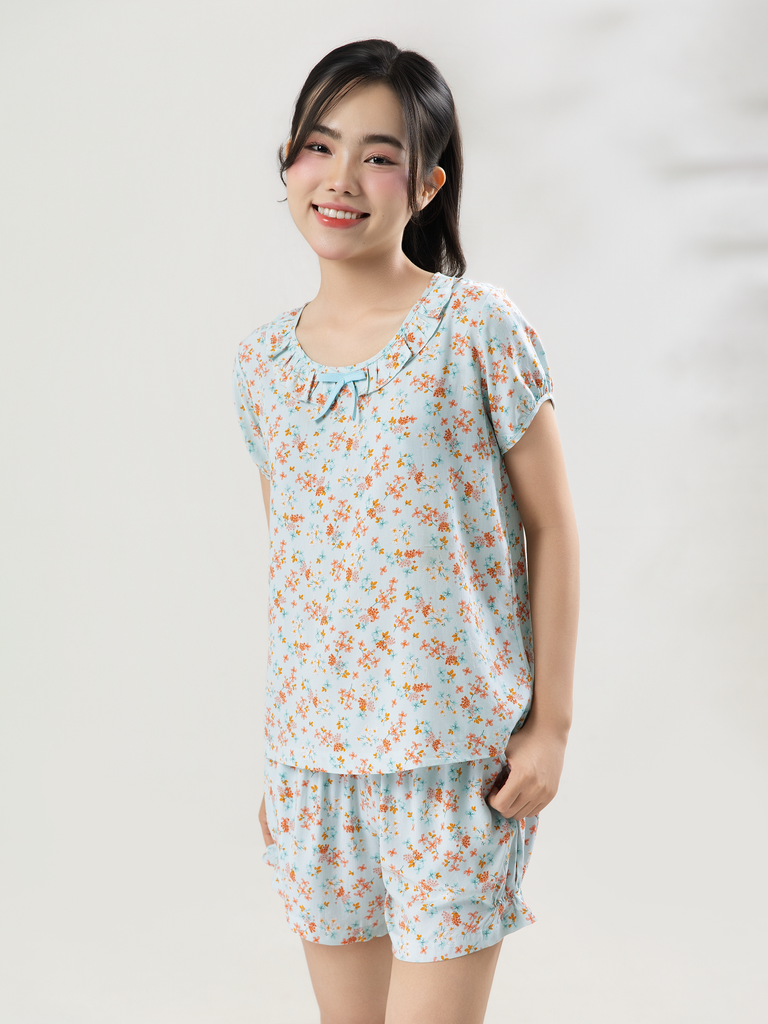 Bộ WONNER by WINNY mặc nhà tole lanh quần ngắn tay ngắn màu hoa nhí xanh mint 2MNLA26016N