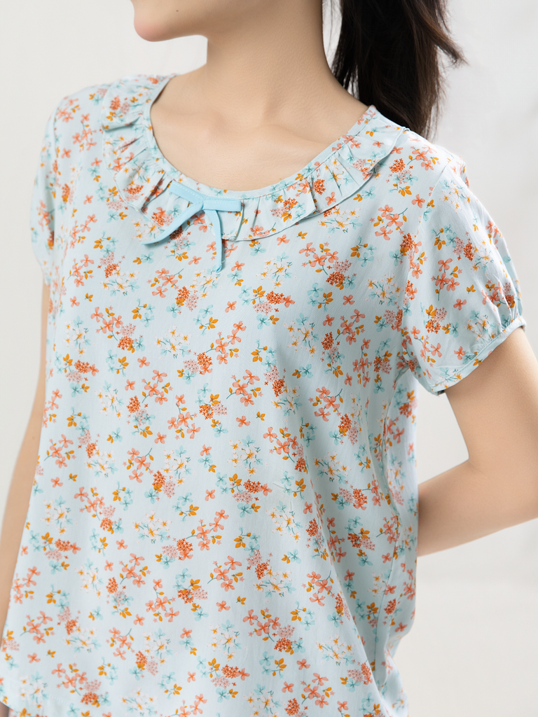 Bộ WONNER by WINNY mặc nhà tole lanh quần ngắn tay ngắn màu hoa nhí xanh mint 2MNLA26016N