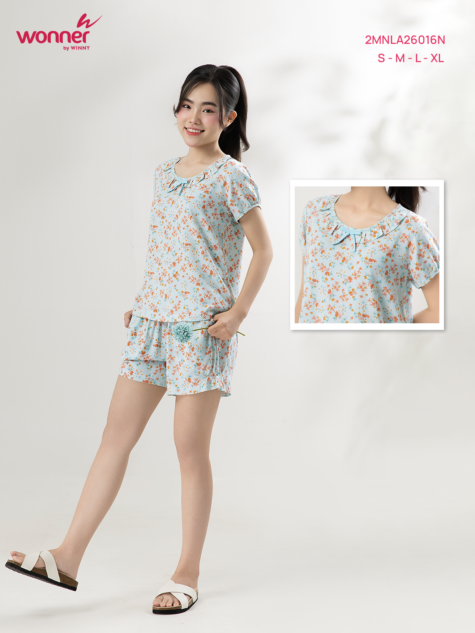 Bộ WONNER by WINNY mặc nhà tole lanh quần ngắn tay ngắn màu hoa nhí xanh mint 2MNLA26016N