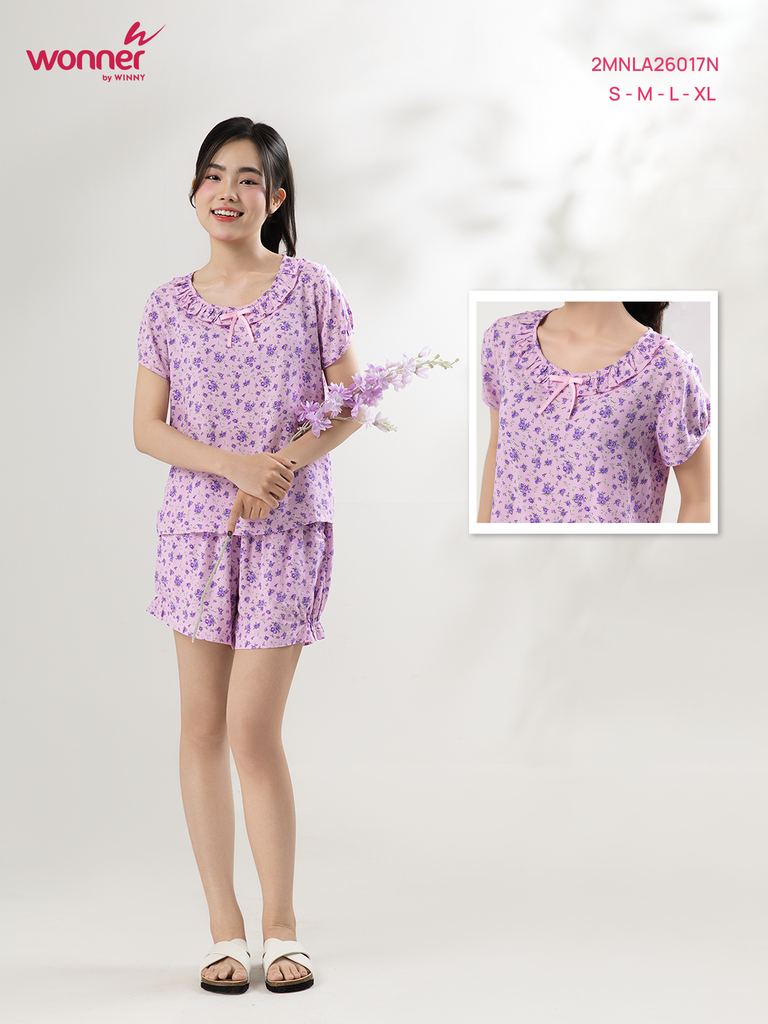 Bộ WONNER by WINNY mặc nhà tole lanh quần ngắn tay ngắn màu hoa nhí tím 2MNLA26017N