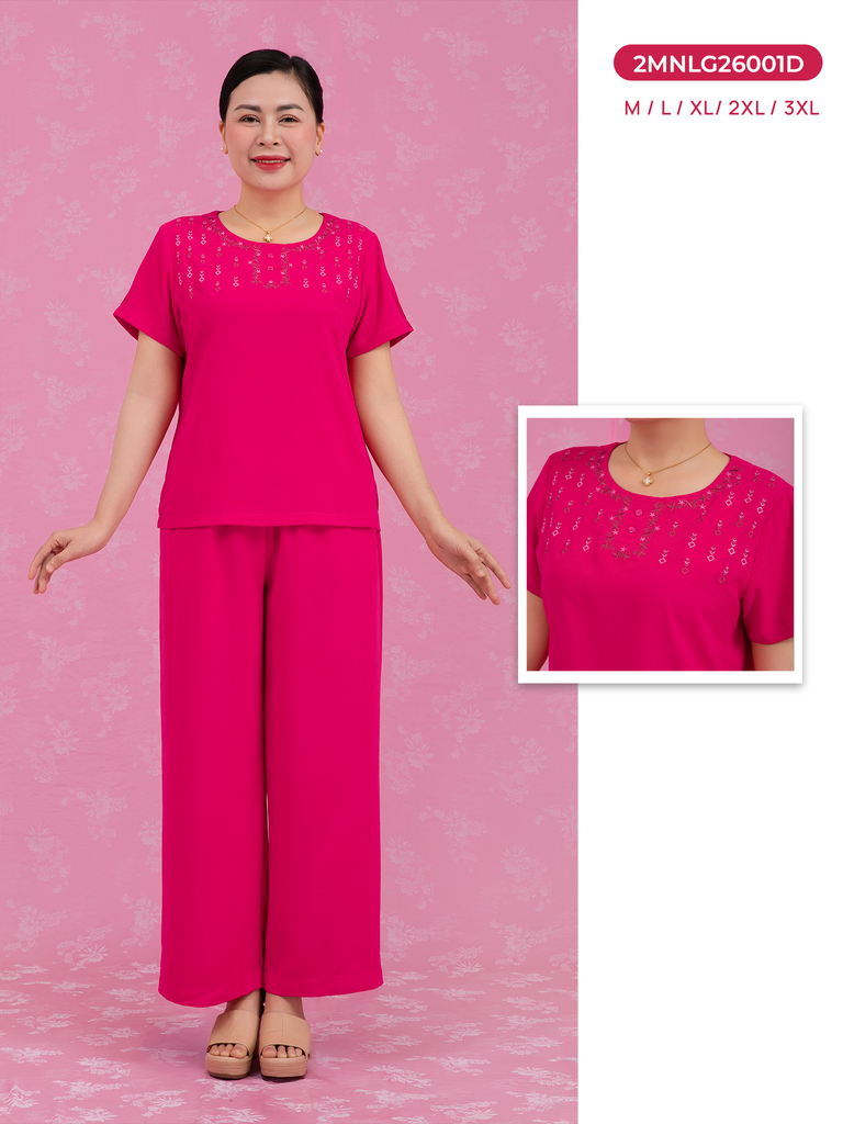 Bộ WONNER by WINNY mặc nhà lụa gấm quần dài tay ngắn màu hồng 2MNLG26001D