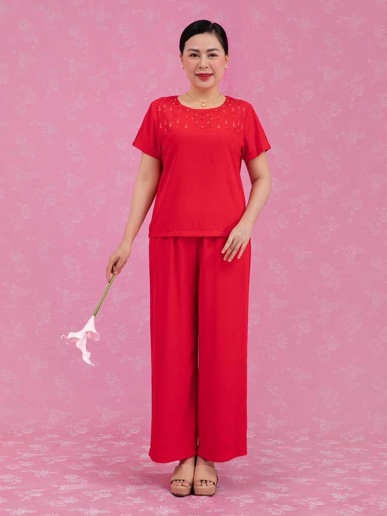 Bộ WONNER by WINNY mặc nhà lụa gấm quần dài tay ngắn màu cam 2MNLG26002D