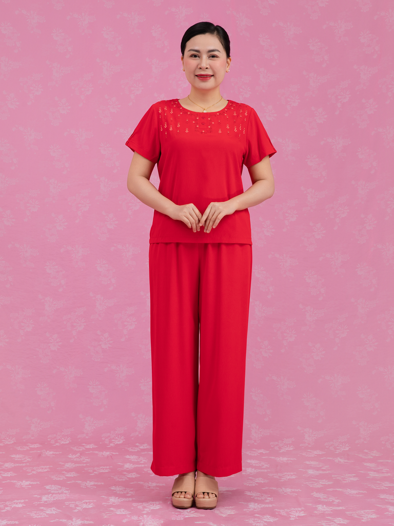 Bộ WONNER by WINNY mặc nhà lụa gấm quần dài tay ngắn màu cam 2MNLG26002D