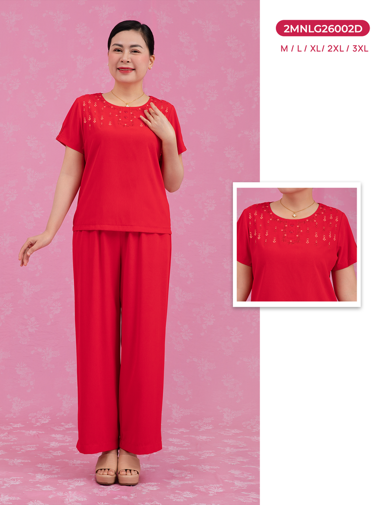 Bộ WONNER by WINNY mặc nhà lụa gấm quần dài tay ngắn màu cam 2MNLG26002D