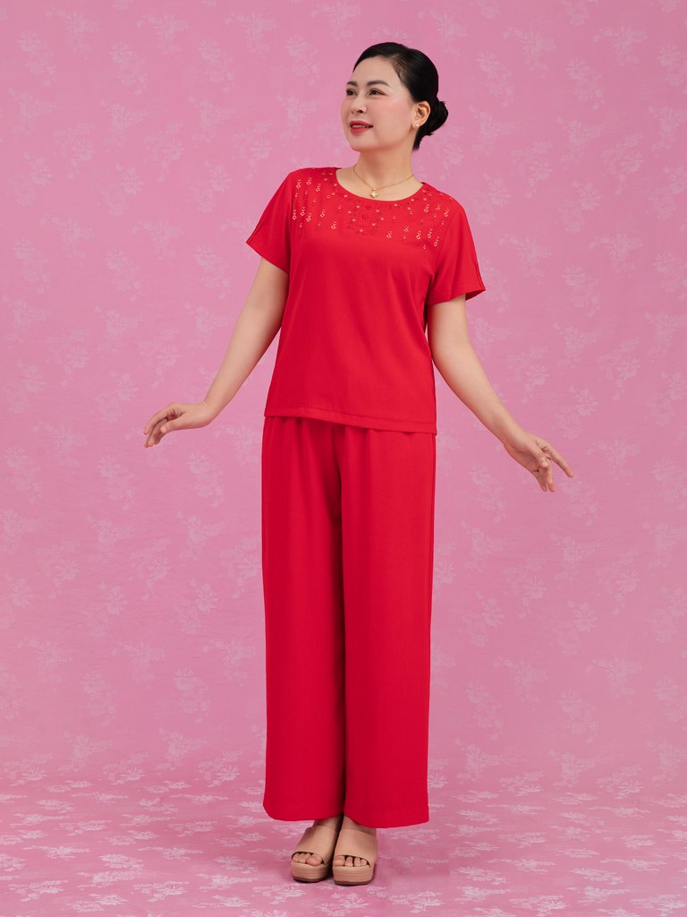 Bộ WONNER by WINNY mặc nhà lụa gấm quần dài tay ngắn màu cam 2MNLG26002D