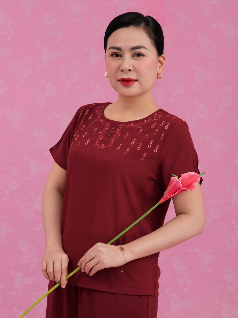 Bộ WONNER by WINNY mặc nhà lụa gấm quần dài tay ngắn 2MNLG26003D