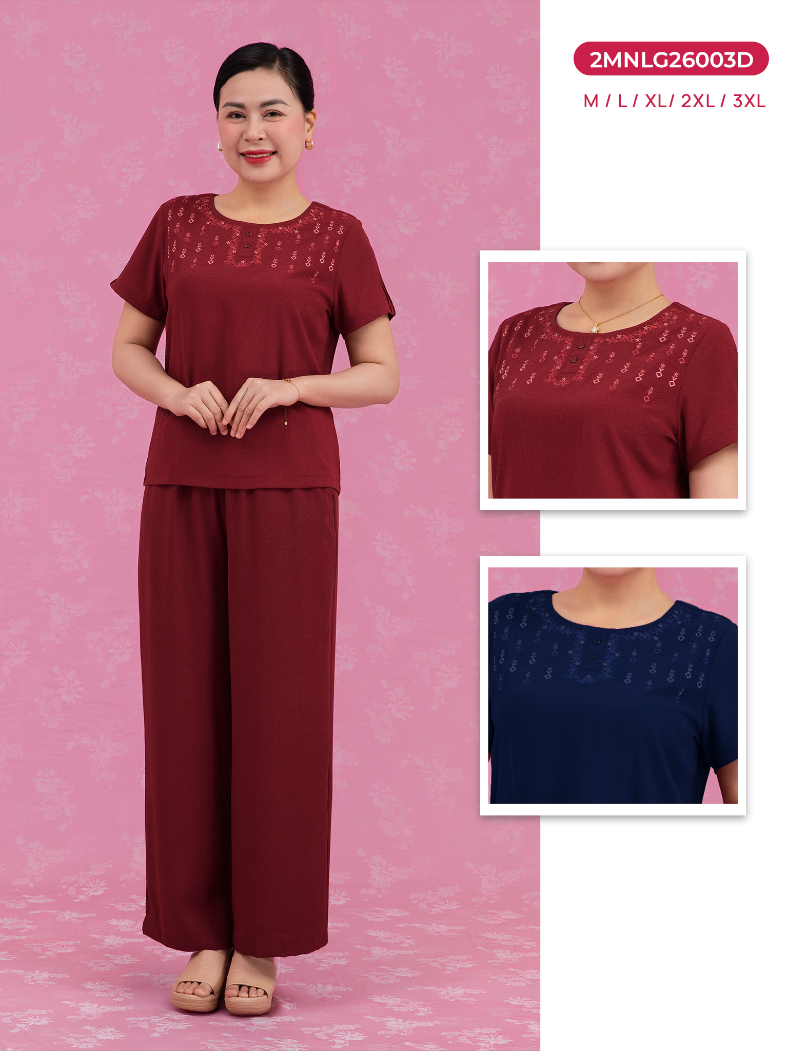 Bộ WONNER by WINNY mặc nhà lụa gấm quần dài tay ngắn 2MNLG26003D