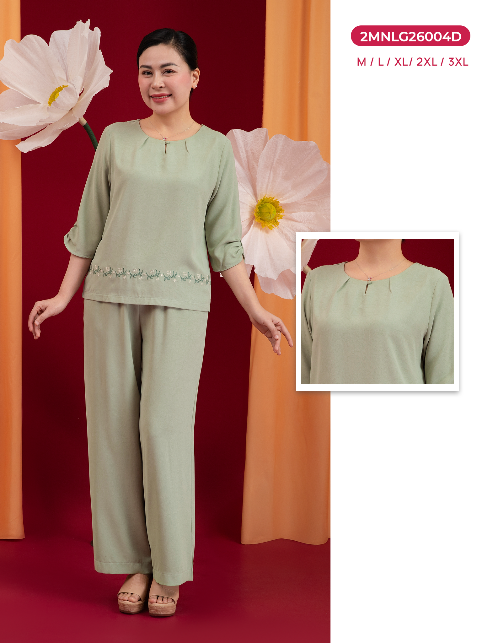 Bộ WONNER by WINNY mặc nhà lụa gấm quần dài tay lửng màu xanh lá nhạt 2MNLG26004D