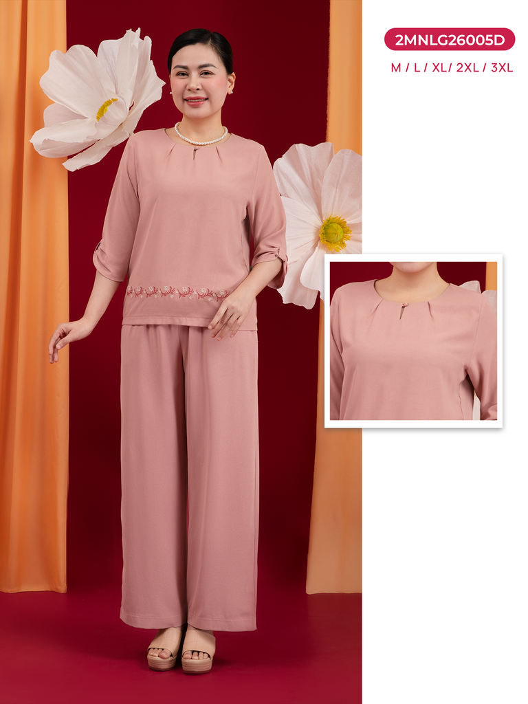 Bộ WONNER by WINNY mặc nhà lụa gấm quần dài tay lửng màu be 2MNLG26005D