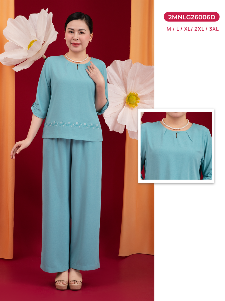 Bộ WONNER by WINNY mặc nhà lụa gấm quần dài tay lửng màu xanh da trời 2MNLG26006D