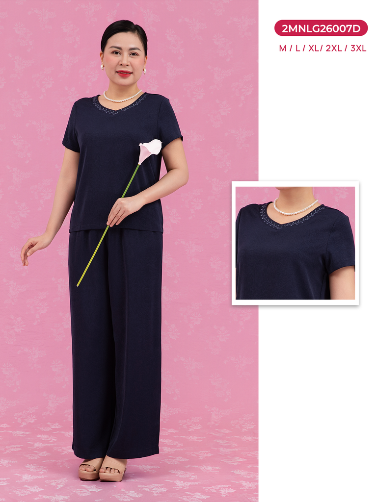 Bộ WONNER by WINNY mặc nhà lụa gấm quần dài tay ngắn màu xanh navy 2MNLG26007D