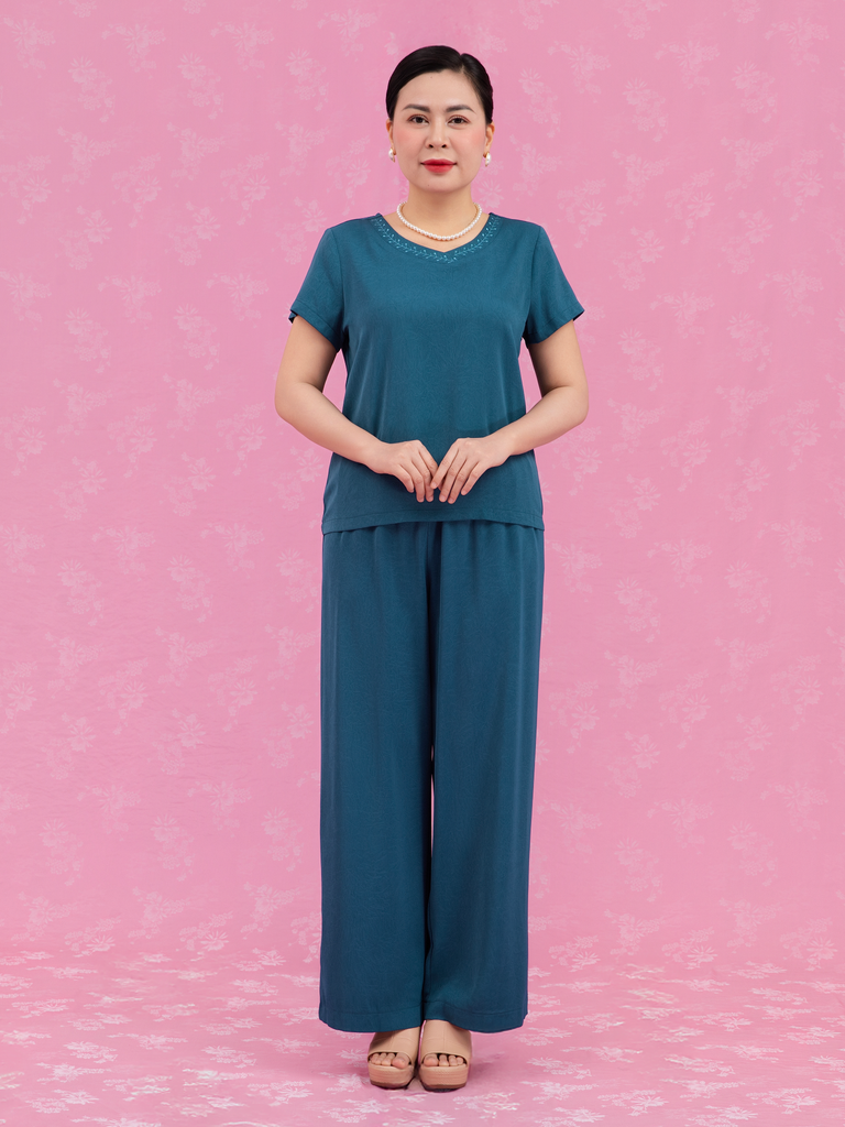 Bộ WONNER by WINNY mặc nhà lụa gấm quần dài tay ngắn màu xanh cổ vịt 2MNLG26008D
