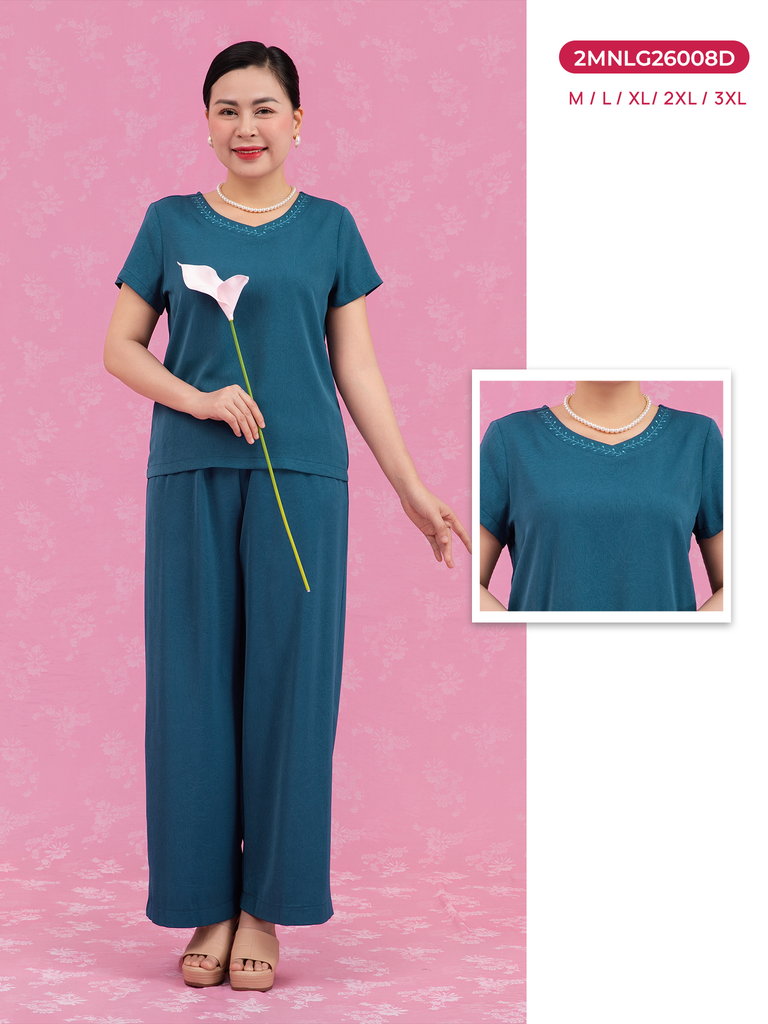 Bộ WONNER by WINNY mặc nhà lụa gấm quần dài tay ngắn màu xanh cổ vịt 2MNLG26008D