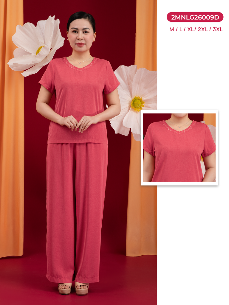 Bộ WONNER by WINNY mặc nhà lụa gấm quần dài tay ngắn màu hồng đào 2MNLG26009D