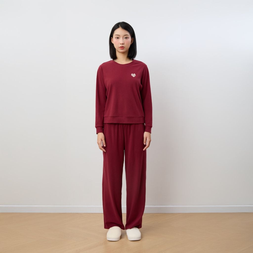 Bộ WINNY mặc nhà nỉ nhung quần dài tay dài màu đỏ đậm 1MNNN25009D