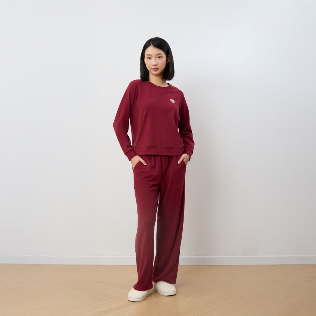 Bộ WINNY mặc nhà nỉ nhung quần dài tay dài màu đỏ đậm 1MNNN25009D