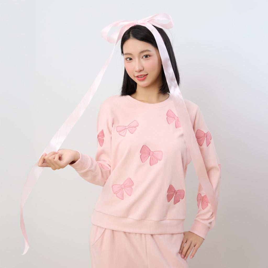 Bộ WINNY mặc nhà nỉ nhung quần dài tay dài màu hồng nhạt 1MNNN25006D