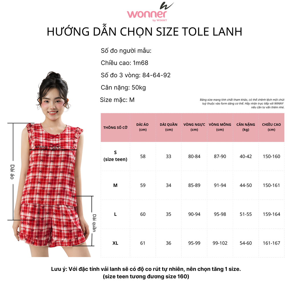 Bộ WONNER by WINNY mặc nhà tole lanh quần ngắn không tay màu kẻ caro nâu 2MNLA26002N