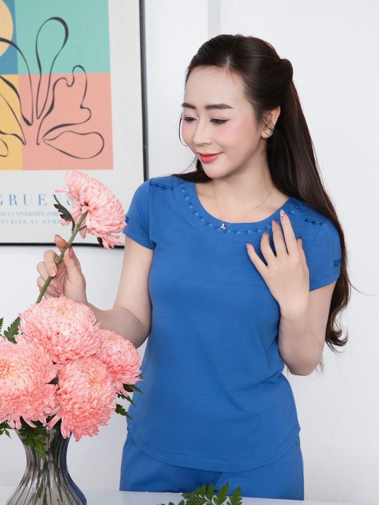 Bộ WONNER by WINNY mặc nhà cotton CVC quần dài tay ngắn màu xanh dương 2MNCV26001D