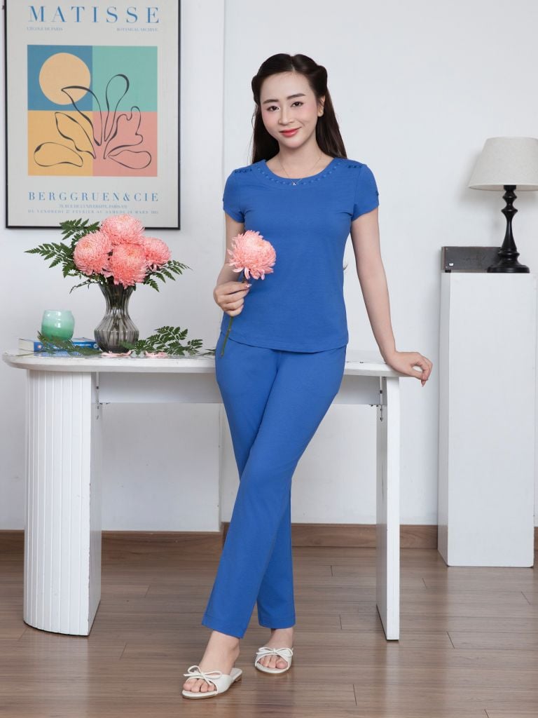 Bộ WONNER by WINNY mặc nhà cotton CVC quần dài tay ngắn màu xanh dương 2MNCV26001D