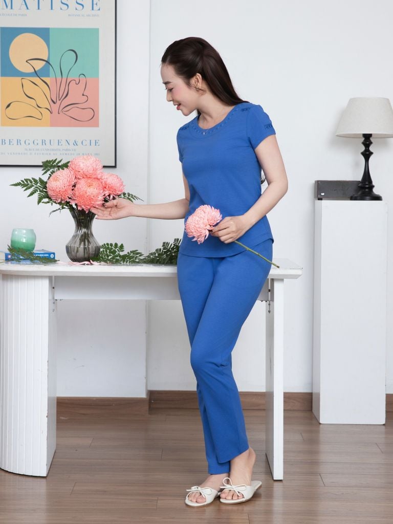 Bộ WONNER by WINNY mặc nhà cotton CVC quần dài tay ngắn màu xanh dương 2MNCV26001D