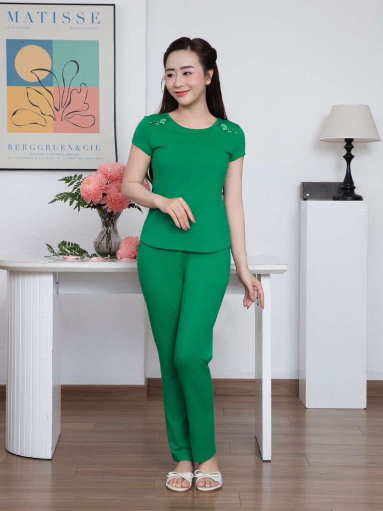 Bộ WONNER by WINNY mặc nhà cotton CVC quần dài tay ngắn màu xanh lá cây 2MNCV26003D