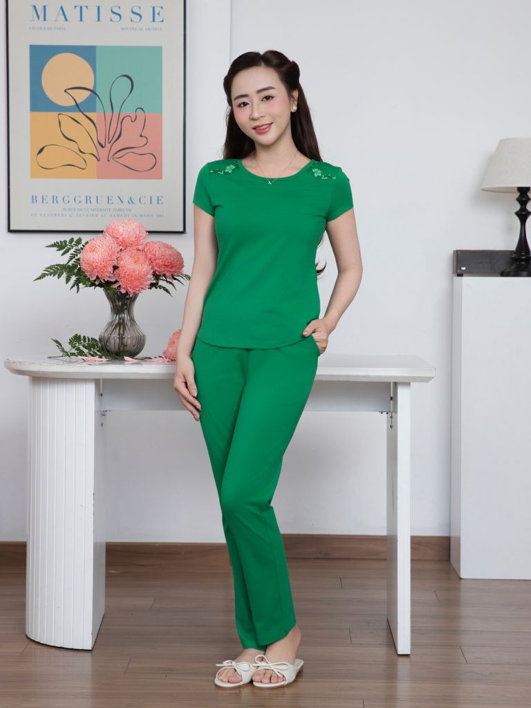 Bộ WONNER by WINNY mặc nhà cotton CVC quần dài tay ngắn màu xanh lá cây 2MNCV26003D