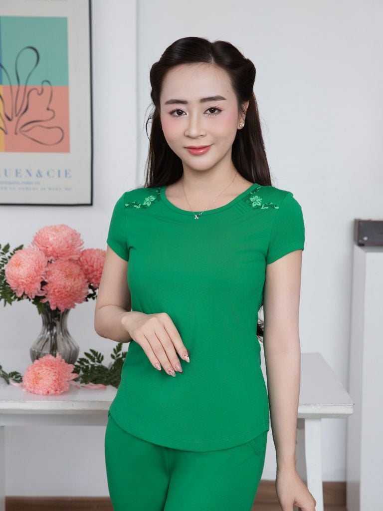 Bộ WONNER by WINNY mặc nhà cotton CVC quần dài tay ngắn màu xanh lá cây 2MNCV26003D