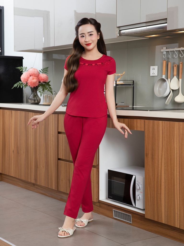 Bộ WONNER by WINNY mặc nhà cotton CVC quần dài tay ngắn màu đỏ 2MNCV26005D