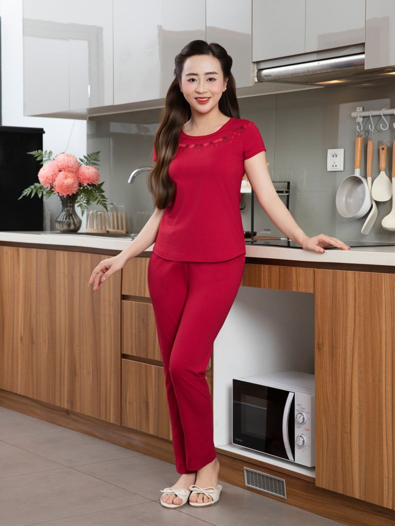 Bộ WONNER by WINNY mặc nhà cotton CVC quần dài tay ngắn màu đỏ 2MNCV26005D