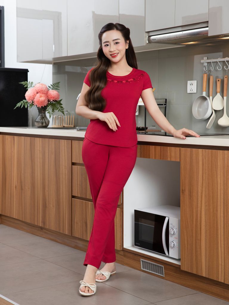 Bộ WONNER by WINNY mặc nhà cotton CVC quần dài tay ngắn màu đỏ 2MNCV26005D
