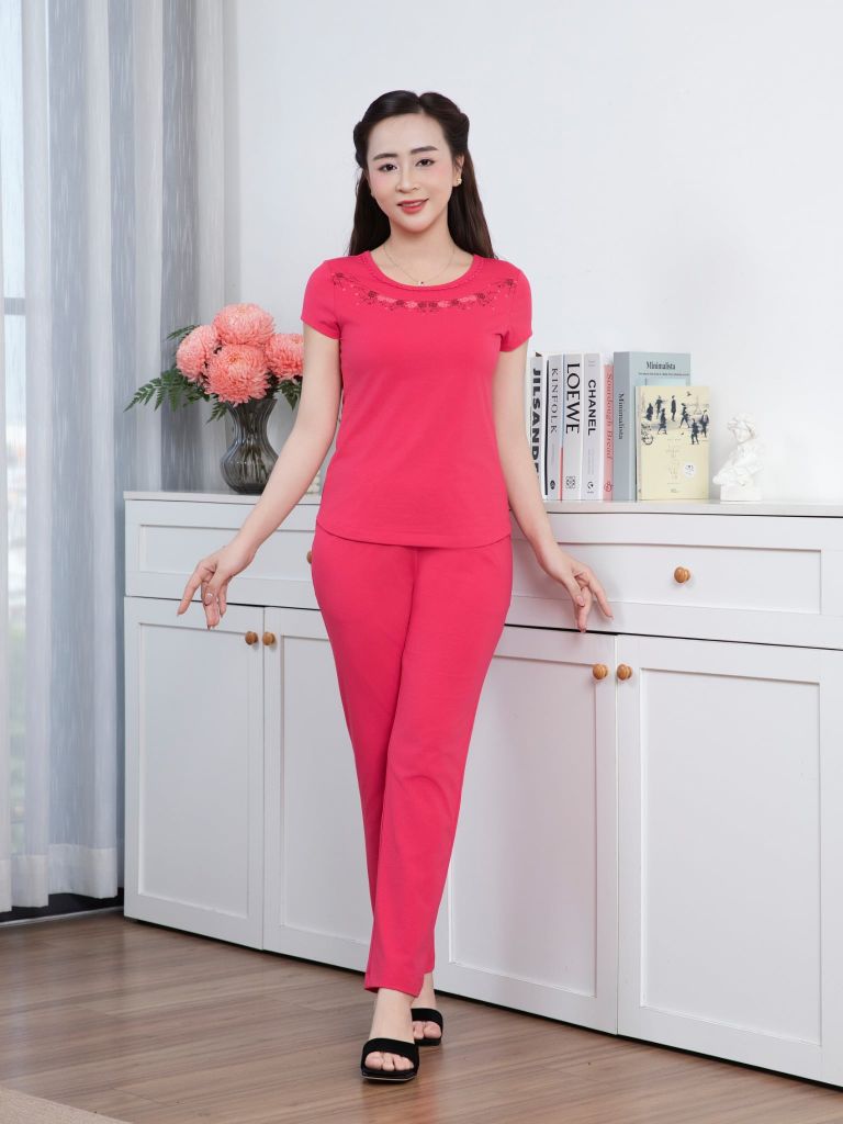 Bộ WONNER by WINNY mặc nhà cotton CVC quần dài tay ngắn màu hồng  2MNCV26006D