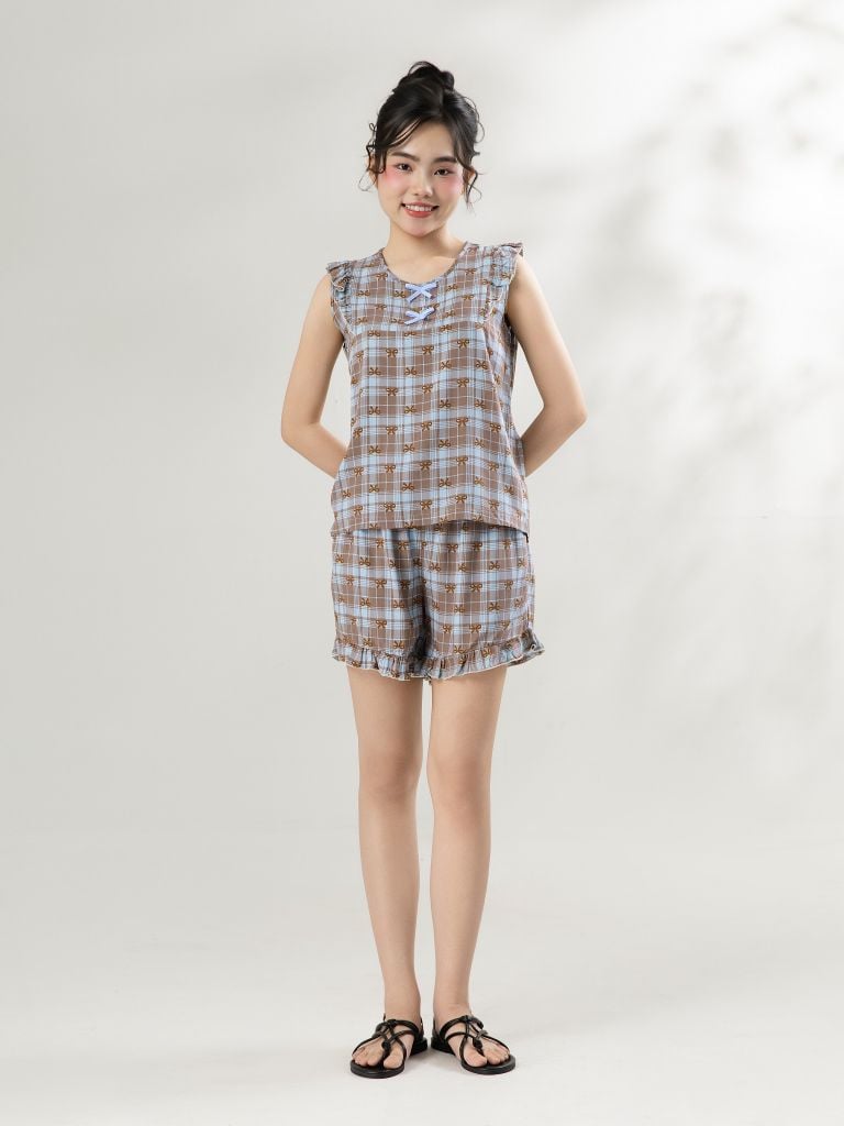 Bộ WONNER by WINNY mặc nhà tole lanh quần ngắn không tay màu kẻ caro nâu 2MNLA26002N